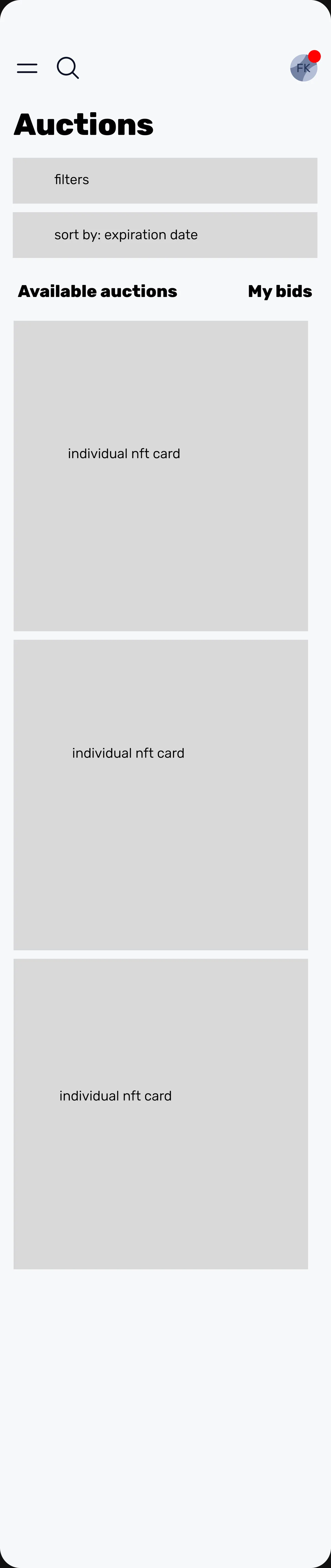 Auctions overview wireframe.