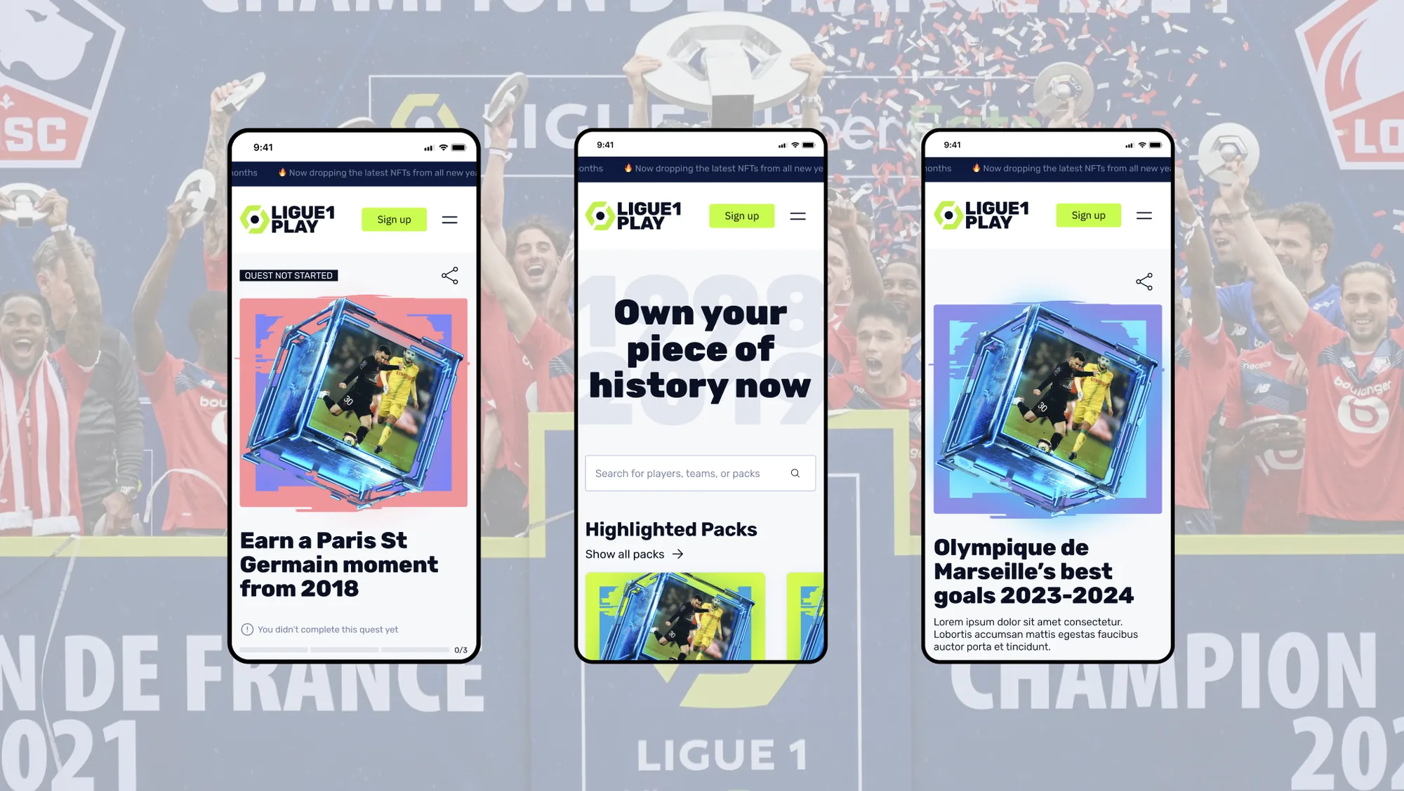 Three Ligue 1 Play screens over a stadium celebration.