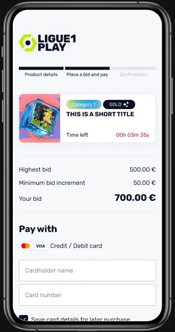 The bid and payment flow shown on a phone.