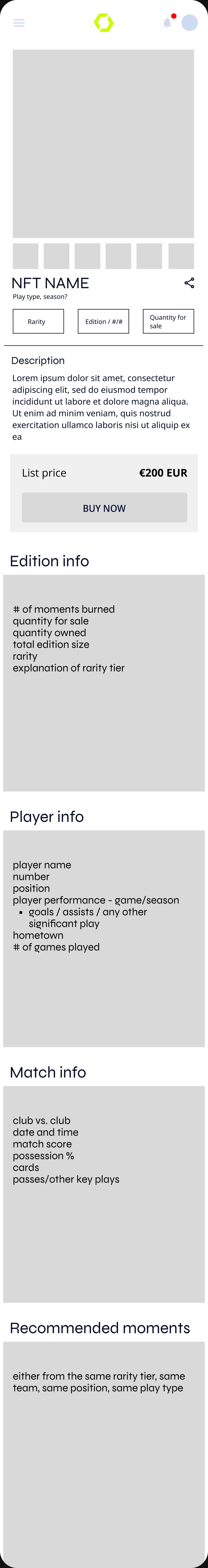 Individual NFT details page wireframe.