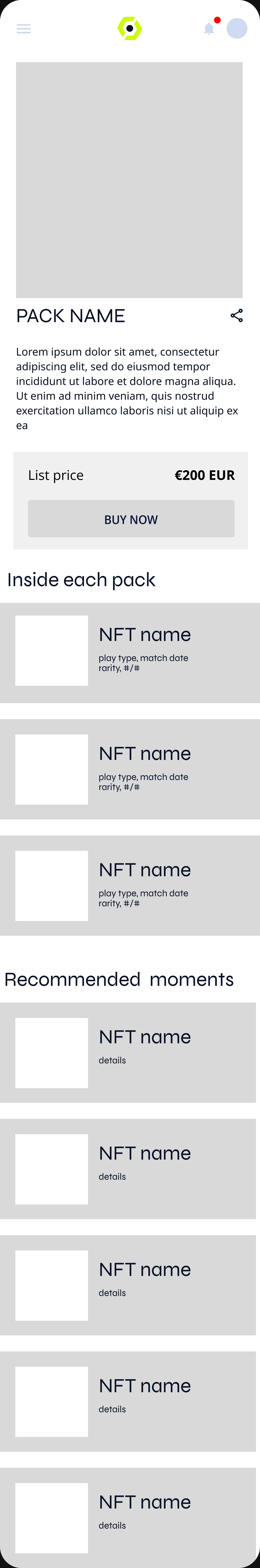 NFT pack details page wireframe.
