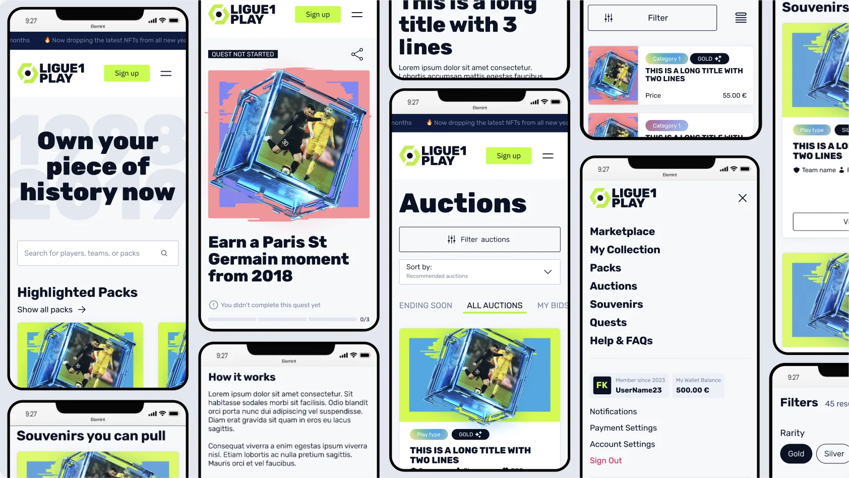 The Ligue 1 Play NFT marketplace shown across several screens.