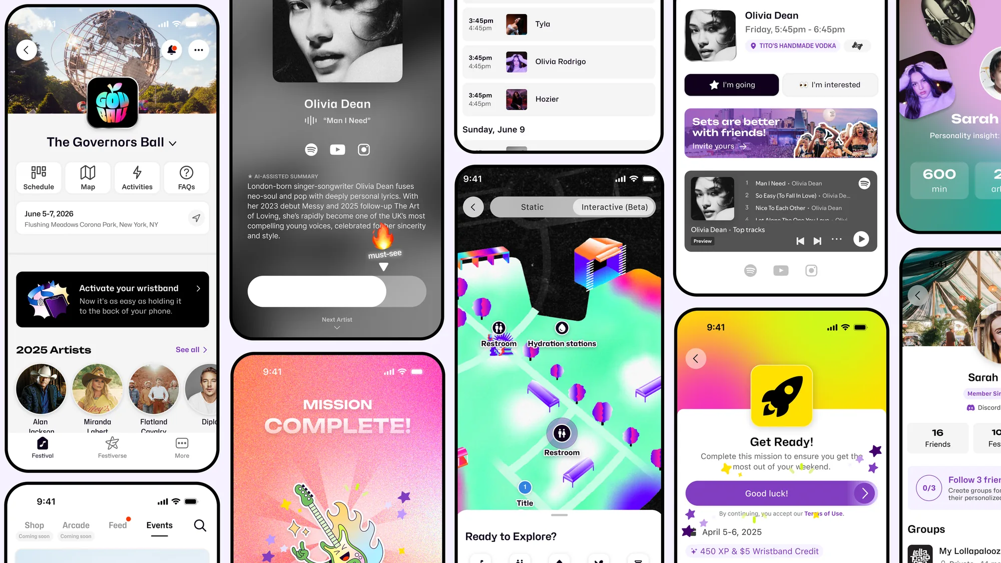 A row of Festiverse app screens showing the festival lineup, missions, a site map, and a fan profile.