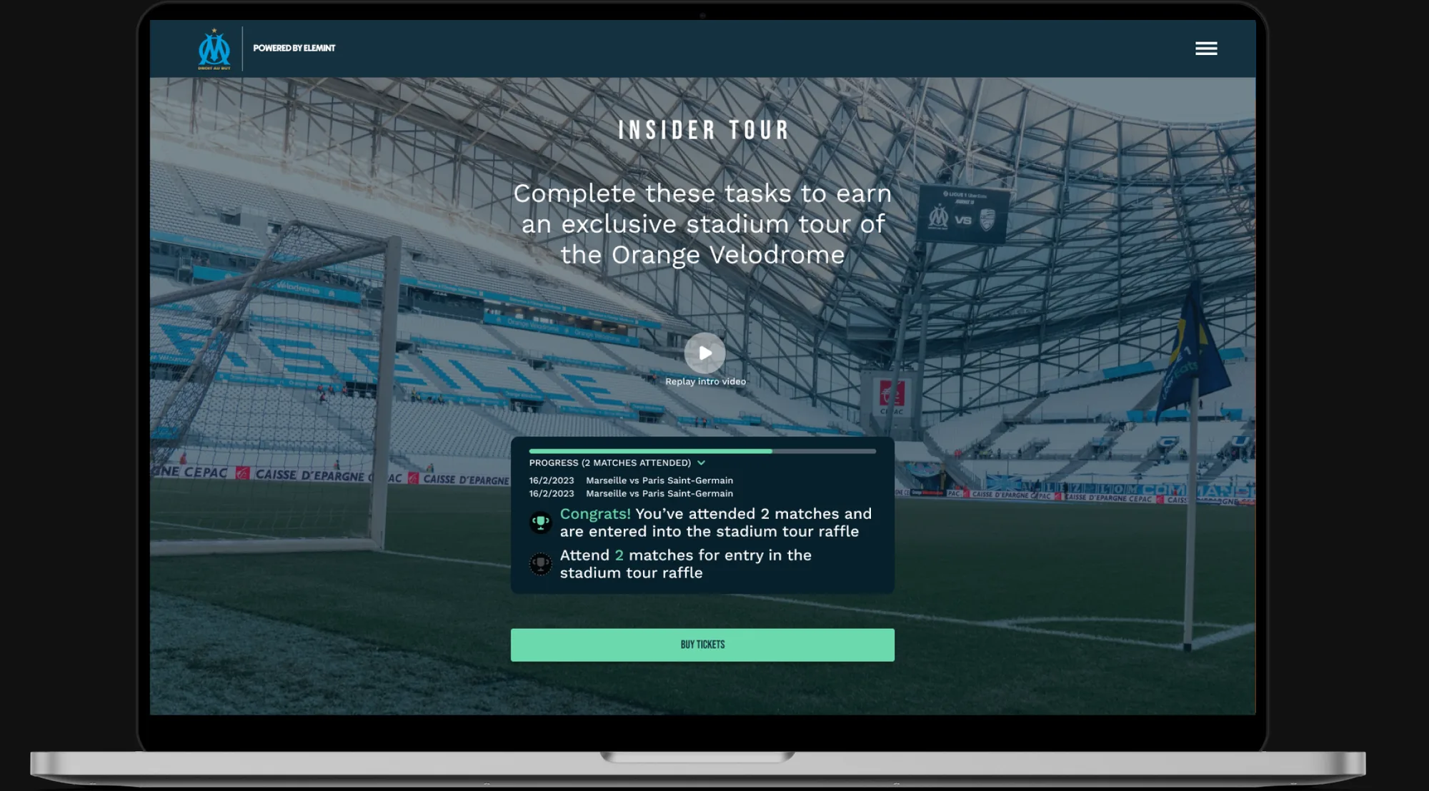 The stadium tour raffle entry shown on a laptop.