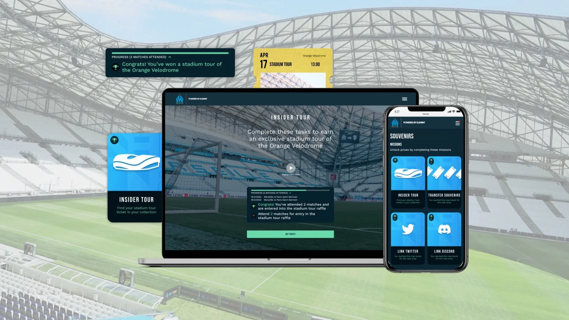 The Olympique de Marseille NFT web experience shown across several screens.